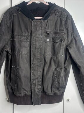 Black Rivet Men's Hooded Military-Style Jacket in Charcoal